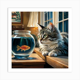 Goldfish and cat Art Print