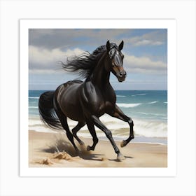 Black Horse On The Beach Art Print
