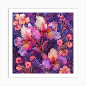 Iris Flowers On Purple Background Art Print