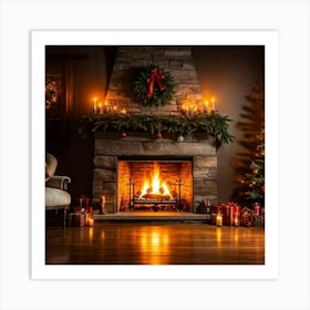 Fireplace Ablaze With Dancing Orange Flames Inside A Rustic Stone Fireplace Vibrant Christmas Tree (2) Poster