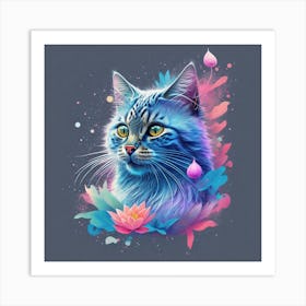 Blue Cat With Flowers 1 Art Print