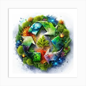 Abstract Recycle Symbol With Green Tree And Natural Elements Art Print