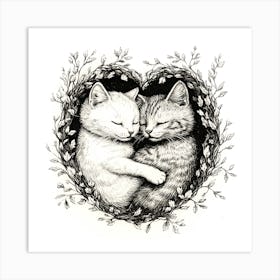 Delicate Ink Drawing of Cats Love Heart 6 Art Print