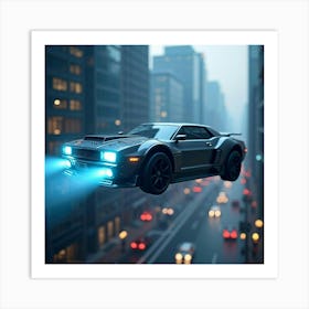 Hovering Flying Car With Glowing Blue Lights, Cruising Through Urban Skyline 1 Art Print