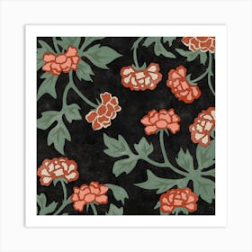 Chrysanthemum Woodblock - Black Art Print