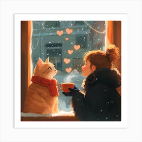 Cat and Person Sharing Hot Cocoa Artwork 8 Art Print