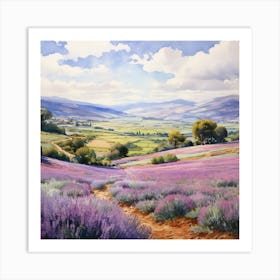 A Water Color Painting Of An Open Landscape With Rolling Hills And Lavender Fields Art Print