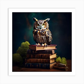 Owl On Books, An Owl Perched On A Stack Of Books Symbolizing Wisdom And Learning 8 Art Print