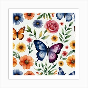 Watercolor Butterflies And Flowers Art Print