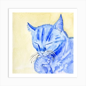 Blue Cat Licking His Paw Watercolor Painting Art Print