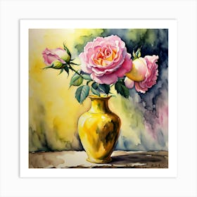 Pink Roses In A Yellow Vase Art Print