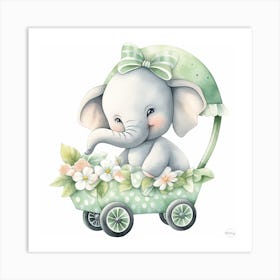 Baby Elephant In A Carriage - green nursery decor 1 Art Print