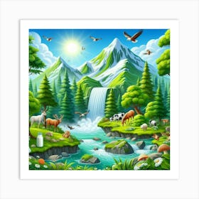 Landscape With Animals And Waterfall Art Print