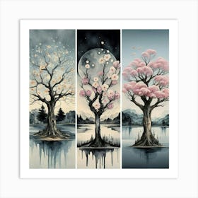 Three different paintings each containing cherry trees in winter, spring and fall 6 Art Print
