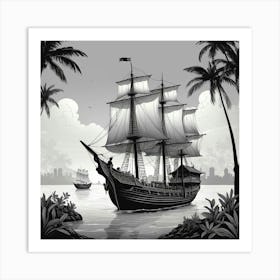 Black And White Pirate Ship Art Print