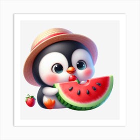 Cute Penguin Eating Watermelon 2 Art Print