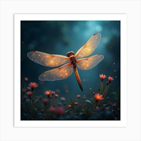 An Abstract Dragonfly With Wings Of Glowing, Fractal Patterns Fluttering Through A Cosmic Meadow Art Print