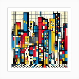 Inspired by Piet Mondrian's geometric abstractions and primary colors:
Symphony of the City Grid 3 Art Print