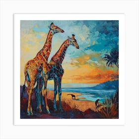 Giraffe By The River Brushstrokes Art Print