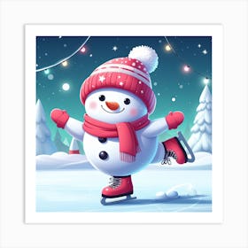 Cute Snowman Ice Skating Illustration Art Print