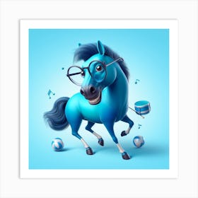 Blue Horse With Glasses Art Print