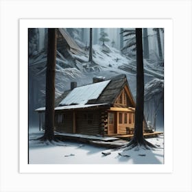 Small wooden hut inside a dense forest of pine trees with falling snow 13 Art Print