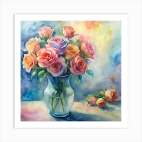 Watercolor Roses In A Vase Art Print