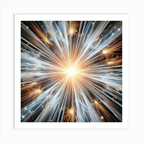 An abstract, radial design of white lines and golden sparks. Art Print