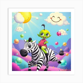 Alien Kid Riding On Zebra Art Print