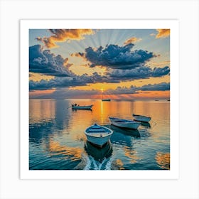 Boats At Sunset Art Print