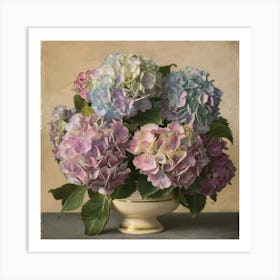 vintage oil paint print of a bouquet of vibrant hydrangeas Art Print