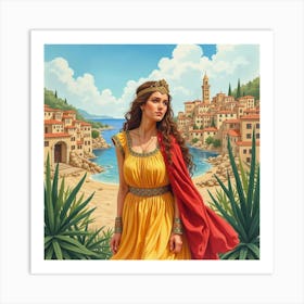 Watercolor Helen Of Troy Amidst A Vibrant Greek Cityscape 1 Art Print