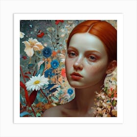 Girl With Red Hair And Flowers Art Print