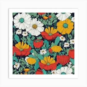 Argyle + Daisy+ Poppy+ Marigolds Pattern Art Print