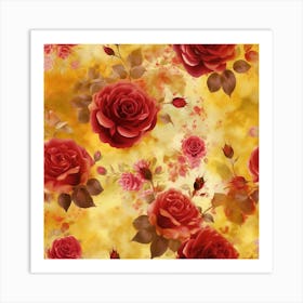 Red Roses On Yellow Background Art Print