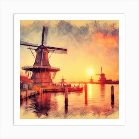 Sketching Amsterdam S Windmills At Sunset, Capturing The Essence Of Dutch Life Style Windmill Sunset Impressionism (3) Art Print