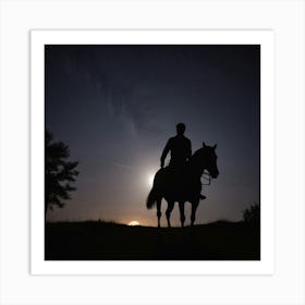 Silhouette Of A Horse Rider At Night Art Print