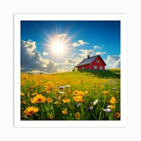 Firefly House, Sun, Cloud, Flower, Meadow, Nature, Landscape, Serene, Bright, Cheerful, Picturesque, (1) Art Print