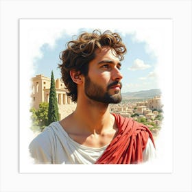 Watercolor Depiction Of A Captivating Greek Man With The Beauty Of A Historical Backdrop 1 Art Print