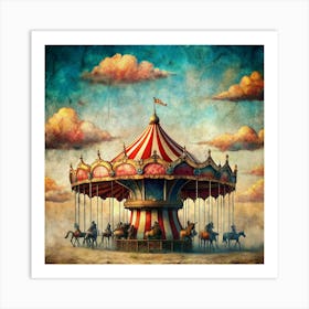 A Vintage Carousel Under A Cloudy Sky Art Print