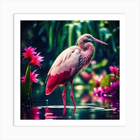 Jungle Bird with Pink Flowers and Flamboyant Plummage Art Print