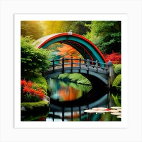 Japanese Garden Bridge, Autumn Landscape, Spring Landscape, Digital Art Print, Home Decor, Drawing Room Decor Art Print