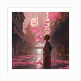 Girl In A Pink Dress Dark Theme Art Print