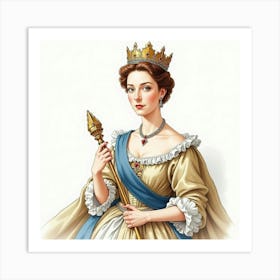 Watercolor Portrait Of Queen Elizabeth I, Holding A Regal Staff, Elegant 1 Art Print