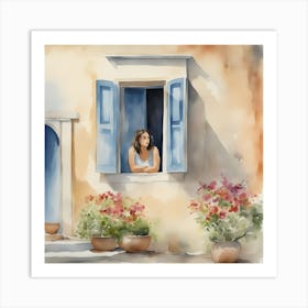 Womand in Greece Watercolor Painting Art Print
