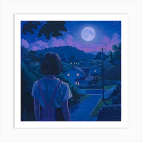 Girl Looking At The Moon Art Print