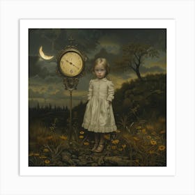 Twilight Reverie: This enchanting artwork captures a young girl standing in a twilight meadow, bathed in the soft glow of a crescent moon and surrounded by wildflowers. Beside her stands an ornate, antique clock, its face gently illuminated against the dusky sky. The girl's delicate dress and serene expression evoke a sense of innocence and timeless wonder, while the dark, moody landscape hints at the mysteries of the night. This piece beautifully balances light and shadow, creating a dreamlike atmosphere that invites viewers to explore the magic of twilight and the quiet moments of contemplation. Art Print