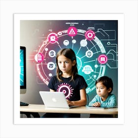 Two Children Using A Computer Art Print