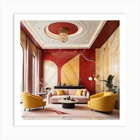 Living Room With Red And Yellow Art Print