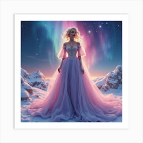 Lady Gaga In Watercolor Amidst A Backdrop Of Shimmering, Swirling Auroras 1 Art Print